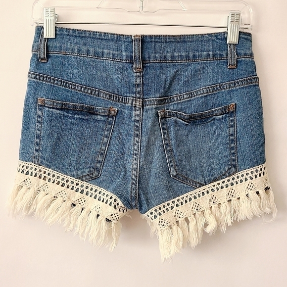 Altar'd state Lace Fringe Blue Denim shorts Boho Bohemian Summer Shorts - Picture 2 of 3